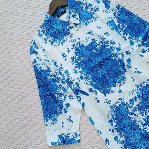 NWOT $631 FERRE Vintage Floral Print Blue Mini Shirt Dress Size IT50 - Picture 4 of 12